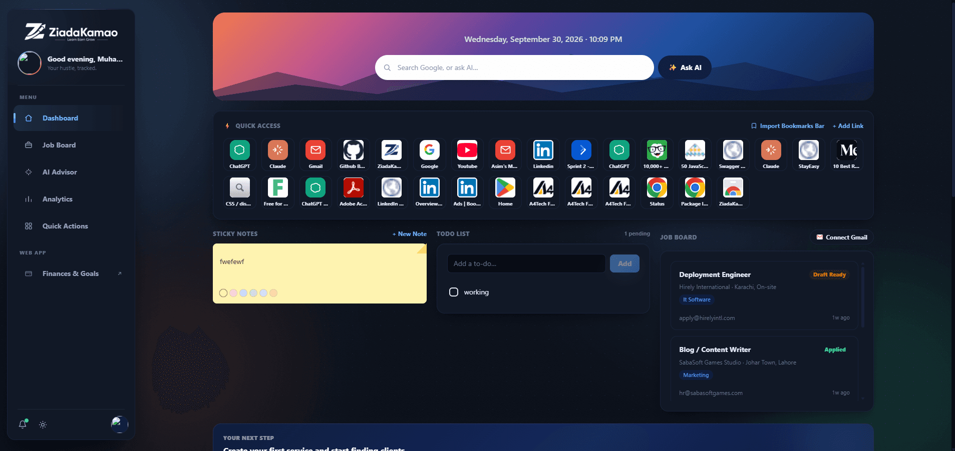 The ZiadaKamao extension dashboard in dark mode